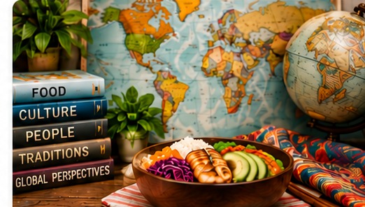 Course-themed illustration for Health 121: Cultural Aspects of Food & Nutrition